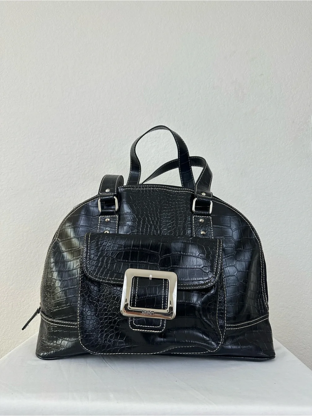 New York & Company Black Faux Leather Croc-Embossed Tote with Silver Buckle